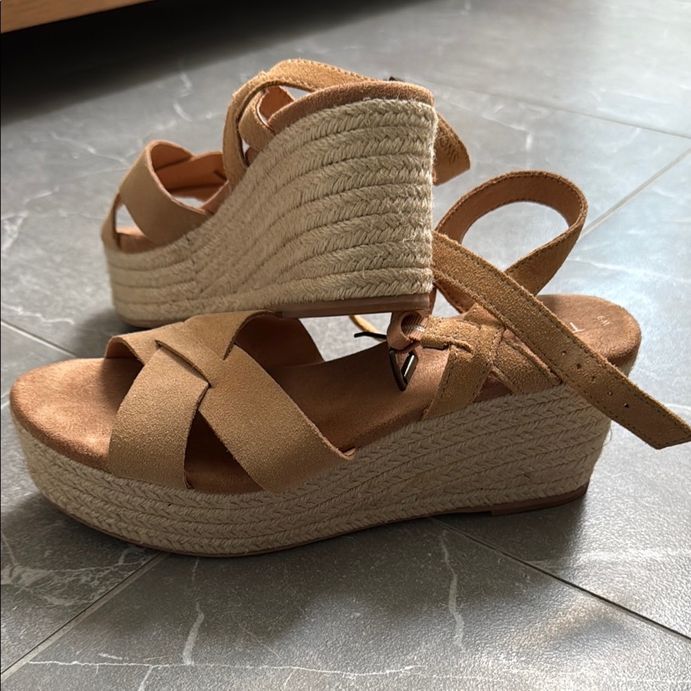 Toms Tan Wedge Sandals with Espadrille Platform